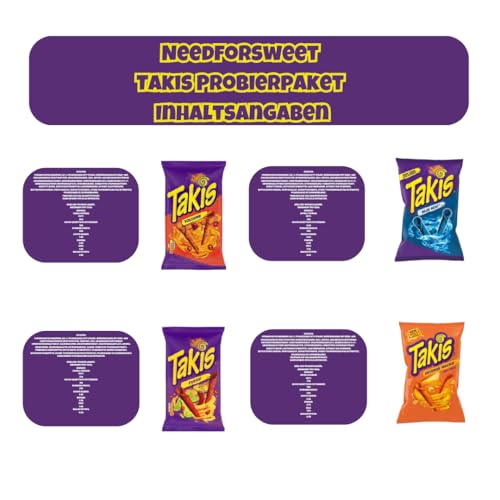 Needforsweet Takis Chips Box 4x100g | Taki-Paket mit Fuego, Blue Heat, Intense Nacho & Volcano | Scharfe amerikanische Chips | Taki-Mischung im Set | Blaue Takis, Spezialchips, Chipspackung