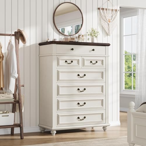 7 Drawer Dresser, Vintage Design Bedroom Dressers with Drawers, Dresser Farmhouse with Natural Texture, Tall Dressers for Bedroom, Living Room, White