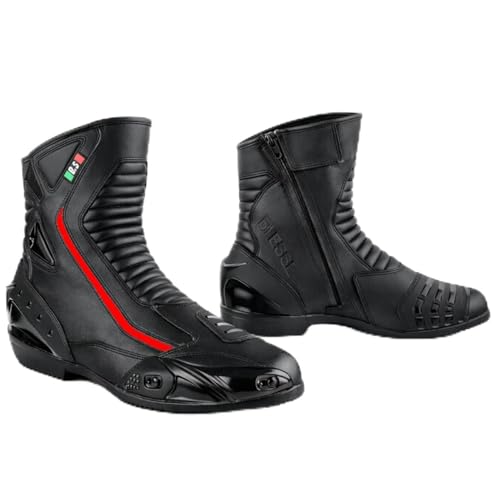 BI ESSE   Botas de Moto en Cuero, Calzado para Motocicleta Impermeable, Transpirable, Botines Invierno para Carretera, Protección de Tobillo, negro/rojo, 46 EU