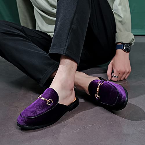 Image of FLQL Mens Shoes Luxury Velvet Gold Buckle Slip-on Penny Loafers Casual Smoking Slippers Indoor Outdoor Sandals Black Size 7-13