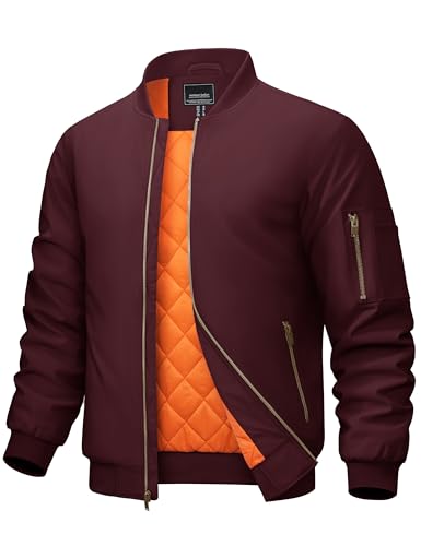 CRYSULLY Men's Fashion Casual Coat with Zipper Pockets Solid Winter Jacket Wine Red
