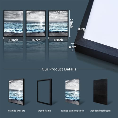 Black Framed Canvas Wall Art For Living Room Wall Decorations For Bedroom Wall Decor Black And White Wall Painting Blue Ocean Sea Wave Pictures Artwork For Modern Beach Posters Home Decor 3 Piece