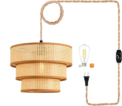 XININSUN Plug in Pendant Light Hanging Lights with15FT Plug in Cord Dimmable Rattan Hanging Lamp Wicker Woven Drum Lampshade,Rustic Boho Plug in Ceiling Light Fixture for Bedroom Living Room-1pack