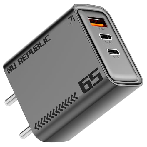 Image of Nu Republic Cybotron 65W GO GaN Superfast Wall Charger, 65W Output Compatible with MacBook & Type-C Laptop Charging, iPhone, Samsung, OnePlus, Nothing (Grey)