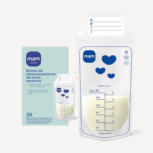 MAM Bolsas de Almacenamiento Leche Materna, Capacidad de 180 ml, Aptas para Frigorífico y Congelador, permiten un almacenamiento vertical u horizontal, Fáciles de Llenar, Sin Fugas, 25 unidades