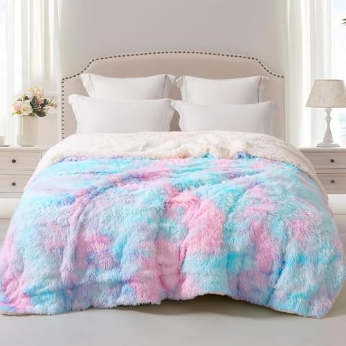 Exclusivo Mezcla Fuzzy Faux Fur Bed Blanket Queen Size, Reversible Shaggy Sherpa Fleece Tie Dyed...