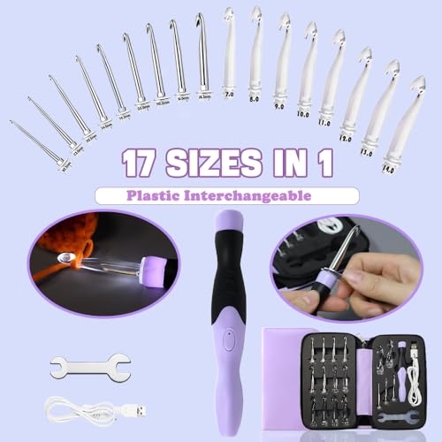 Image of Lewhoo 17 Sizes Lighted Crochet Hooks Set 2.5mm~14.0mm, Metal Crochet Hook with Interchangeable Crochet Head