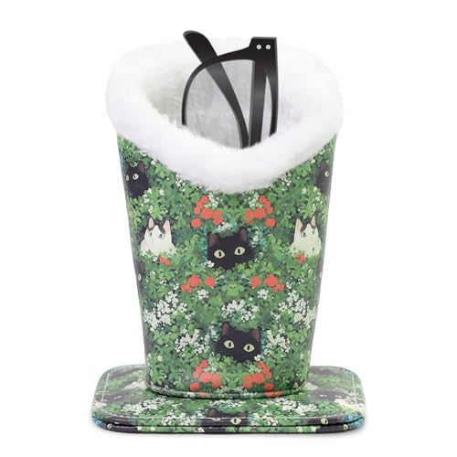FlyingMage Plush Lined Eyeglasses Holder Cute Magnetic PU Leather Glasses Stand Case for Women Men Kids (Green Cats)