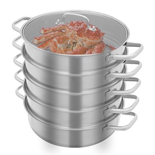PUDLOR Vaporera de 5 capas de acero inoxidable con tapa transparente, 39 x 37 cm, olla para cocinar al vapor, 4 recipientes para cocinar al vapor, diseño apilable, mango hueco para todo tipo de