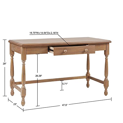 Martha Stewart Tabitha Solid Wood Writing Table With Metal Glides Drawer For Storage Living Room Furniture, Home Office Small Computer Desk, Turned Legs, 47.5" W X 23" D X 29" H, Natural #TOP2