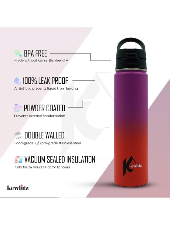 Image of Insulated Stainless Steel Water Bottle 24oz (Fiery Red) - Double Wall Vacuum Wide Mouth Water Bottles with Carrying Lid - BPA Free Leak-Proof Flask for School, Sports & Travel