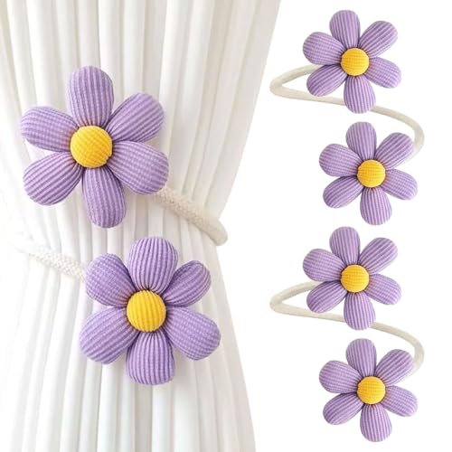 2 Pack Curtain Tie Backs Braided Rope Holdbacks Flower Tie Back for Curtains Pink Purple Flower Curtain Holdbacks Clips and Rope Curtain Tie Backs,No Punching Curtain Holder for Girls (purple)