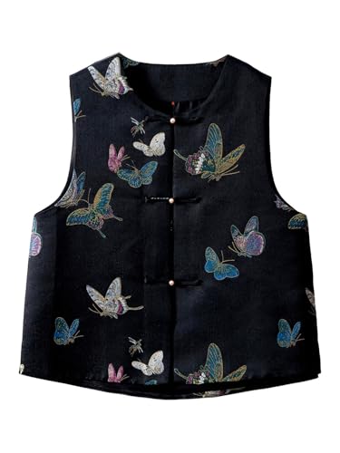 Chaleco jacquard de seda mujer estilo chino negro mariposa 519