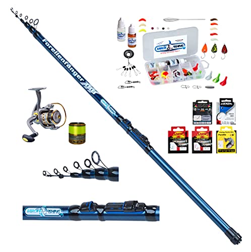 MiRoeFishing Tremarella Angelset Ready for Fish für Forelle Barsch und Saibling. Teleskoprute + Rolle +Haken + Ausrüstung Neu Cover