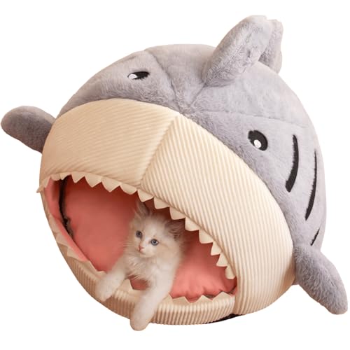 JUNENTER サメ型キャットケーブベッド 厚いクッション付き 子猫用 猫用 柔らかく暖かいハウス 室内猫用 滑り止め底 猫用テント 取り外し可能で洗えるクッション付き枕付き (グレー、L)(Grey,S)