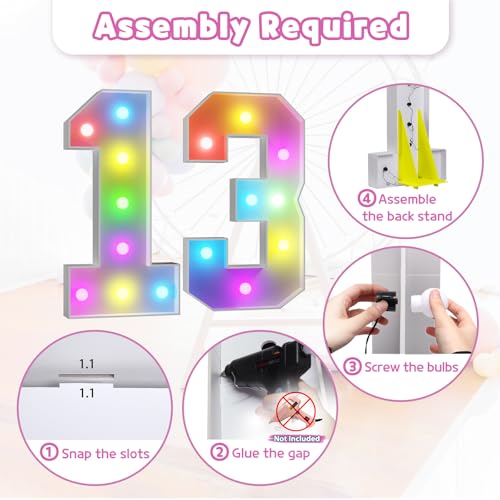 Image of Imprsv Colorful 3FT Marquee Numbers Light up Numbers 13 Birthday Decoration | RGB with Remote, Party Decorations Anniversary Wedding Decorations Assembly Required Foam Board 39 Pcs Accessory Set