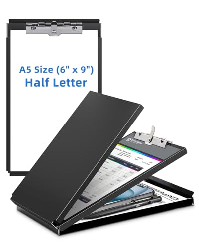 A5 Metal Clipboard with Storage - Memo Size Heavy Duty Recycled Aluminum Clipboard, Binder Form with Privacy Cover, 6x9 Inch Paper Holder for Police, Nurses, Students, and Office Use - Frosted Black