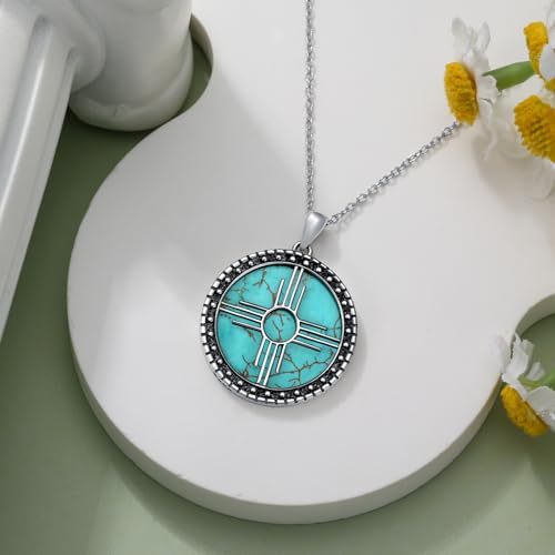 Turquoise Zia Sun Symbol Necklace 925 Sterling Silver Genuine Turquoise Gemstone Zia Pendant Vintage New Mexico Jewelry Gifts for Women4