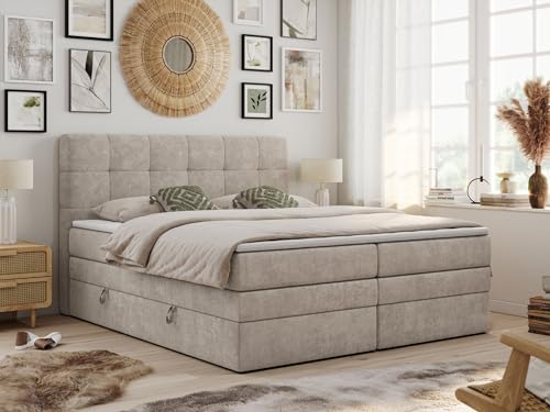 MKS MEBLE King Boxspringbett 180x200 cm, Polsterbett mit 2 Bettkästen, Bett mit Multipocket-Matratze H3, inkl. Topper T25, Kopfteil - Luka - Beige Strukture