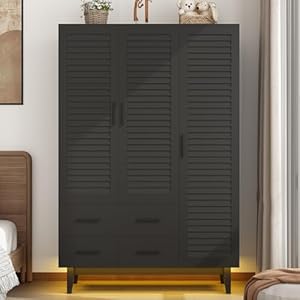 3doorarmoirewardrobeclosetcabinetwithdrawersandledlightsmultitiershelveshangingrod3louverdoorslargecapacitystoragewardrobearmoireforbedroom3doorsblack Urban Country Home Decor 3 door armoire wardrobe closet cabinet with drawers and led lights multi tier shelves hanging rod 3 louver doors large capacity storage wardrobe armoire for bedroom3 doors black urban country home decor