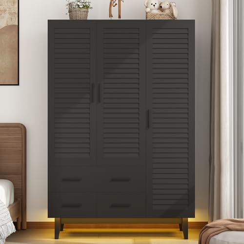 3doorarmoirewardrobeclosetcabinetwithdrawersandledlightsmultitiershelveshangingrod3louverdoorslargecapacitystoragewardrobearmoireforbedroom3doorsblack Urban Country Home Decor 3 door armoire wardrobe closet cabinet with drawers and led lights multi tier shelves hanging rod 3 louver doors large capacity storage wardrobe armoire for bedroom3 doors black urban country home decor