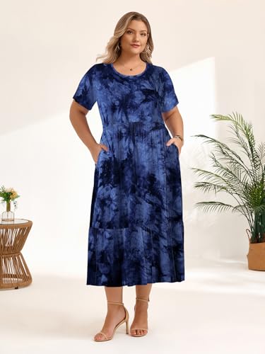 Image of LARACE Plus Size Dresses for Women Summer Casual Short Sleeve Long Dress Flowy Maxi Beach Dresses with Pockets L-6XL