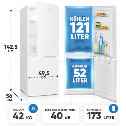 Bomann Kühlschrank mit Gefrierfach 143cm hoch | Kühl Gefrierkombination 173L mit 3 Ablagen & 3 Schubladen | Türanschlag wechselbar | leise Kühlgefrierkombi 40db | Kühlschrank KG 7359 weiß – Bild 6
