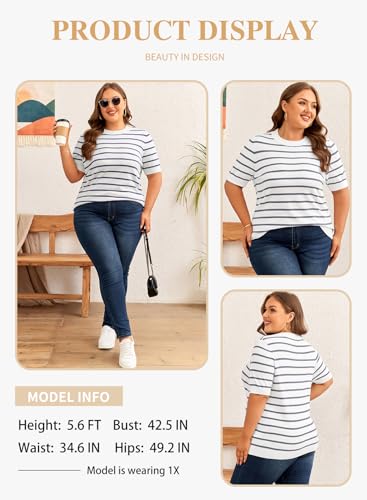 Image of Eytino Women Plus Size Sweater Tops Short Sleeve Crewneck Striped Tshirts Casual Summer Blouses Shirts(1X-5X)