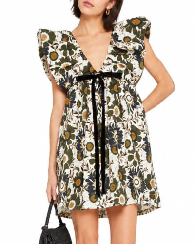 Image of Women's Floral Bow V Neck Babydoll Mini Dress Flower Print Puffy Sleeve Boho Short Casual Loose Flowy Dresses