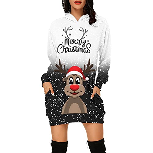 Weihnachtskleid Damen Sexy, Weihnachts Pullover Kleid Lustig Christmas Longpullover für Damen Langarm mit Weihnachten Motiv 3D Gedruckt...