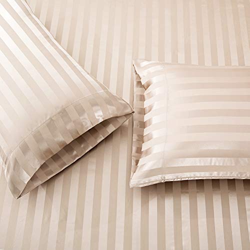 Image of Satin-Silk Sheets Full Size Bed Set, Taupe Soft Cooling Deep Pocket Sheets, Hypoallergenic, Wrinkle and Fade Resistant Bedding Set, 3 Piece, Striped