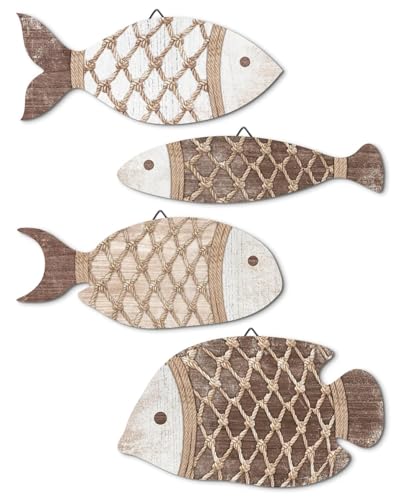 Putuo Decor Juego de 4 figuras decorativas de pared con aspecto de madera con estructura de red, estilo costero marítimo, decoración para baño, invitados, cocina, pasillo, mar, color beige y marrón