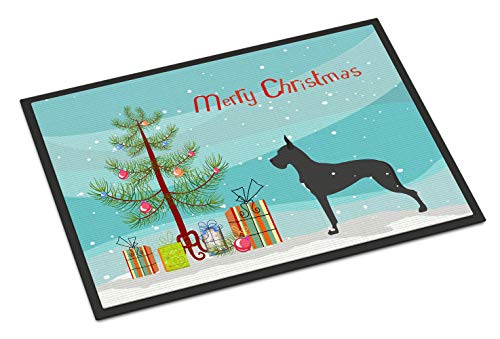 Caroline's Treasures BB2993MAT Great Dane Merry Christmas Tree Doormat 18x27 Front Door Mat Indoor Outdoor Rugs for Entryway, Non Slip Washable Low Pile, 18H X 27W