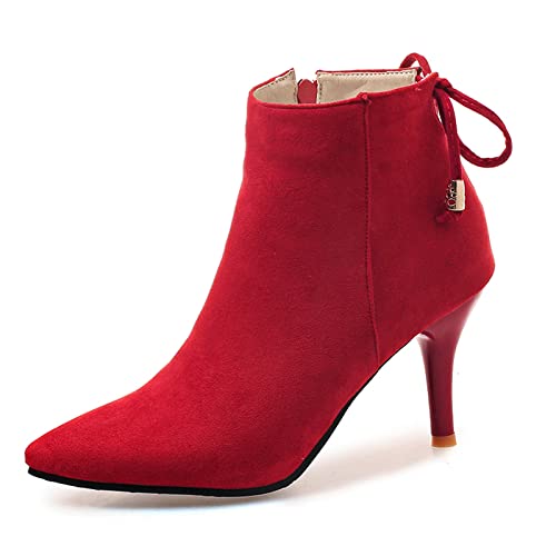 OALEEN Bottines Femme Talon Haut Aiguille Suède Bout Pointu Chaussures Boots Hiver Rouge 37 Cover