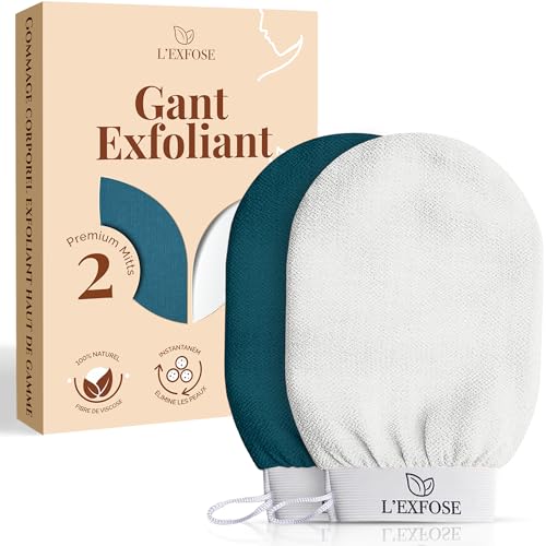 L’Exfose 2x Gant Exfoliant Corps - Gant de Crin Kessa Gommage Corps et Visage en Viscose Naturelle - Élimine les Cellules Mortes de la peau et Hydrate - Sensation de...