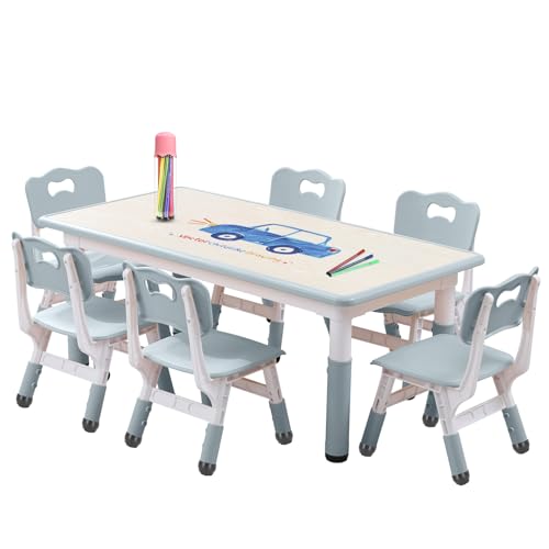 Kids Table and Chairs Set, Height Adjustable Desk With 6 Seats for Ages 3-12,Arts & Crafts Table,Graffiti Desktop, Non-Slip Legs, Max 300lbs, Children Multi-Activity Table for Classrooms,Daycares,Home