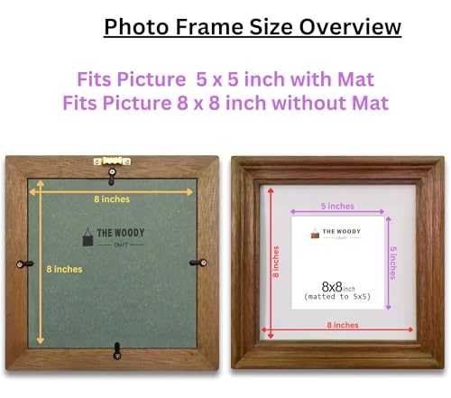 Image of 5 X 5 Inch Wooden Square Photo Frame With Mat, Brown Photo Frame 5 X 5 Inch With Mat Or 8 X 8 Inch Without Mat For Wall Decoration, Best Wooden Photo Frame For Posters And Photos