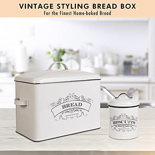 Nonacasa Farmhouse Bread Box, Extra Large Bread Storage Container With Matching Biscuit Tin In White Metal, Bread Boxes For Kitchen Counter (Vintage Styling) #TOP2