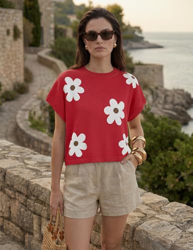 Image of ZESICA Women's Summer Trendy Knit Top 2026 Floral Print Short Sleeve Crewneck Loose Fit Sweater Vest Going Out Clothes