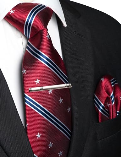 Image of RBOCOTT Silk Stripe Plaid Tie and Pocket Square with Tie Clip Sets for Men