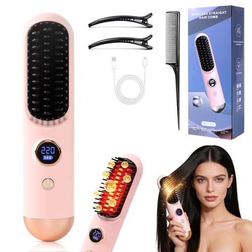 2026 Hair Straightener Brush Cordless Hair Straightener Brush for Short Hair Mini Portable Straightening Hair Comb Brush with 9 Temps Fast Heating for Women Travel Size Hair Styling Tool (Pink)