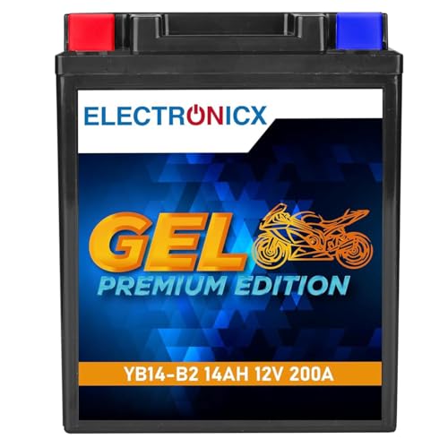 Electronicx GEL Premium YB14-B2 – Batteria moto 12V 14Ah 200A CCA ad alte prestazioni – senza manutenzione, sigillata, resistente alle vibrazioni e alle intemperie – per scooter, quad, moto