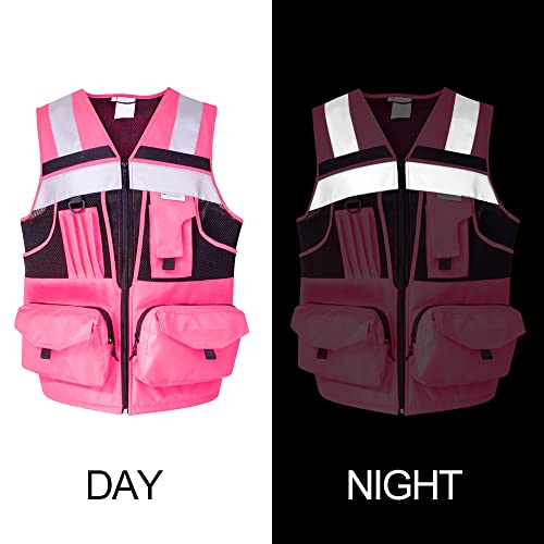 Zuja 3M Reflective Stripes Safety Vest Hi-Vis Pink Knitted Vest With 10 Pockets Bright Construction Workwear For Men And Women. (Pink, Medium) #TOP4