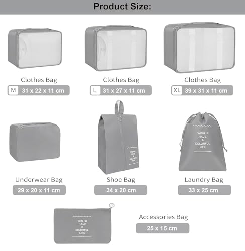 Image of Travel Organizer 7 in 1 Travel Laundry Cosmetics Luggage Packing Organizers Set Makeup Bags Organizer Packing Cubes with Shoe Bag for Travel, Nylon (Organiser Bag, Grey)