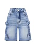 WDIRARA Girl's Bow Denim Shorts Straight Leg Raw Hem Bermuda Denim Shorts with Pockets Medium Wash 12Y