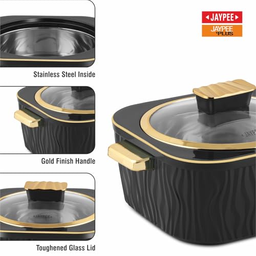 Image of JAYPEE Crinkle Klass Inner Stainless Steel Casserole Set of 3(1000+1500+2000) ml PUF Insulated Gold Finish Handle Lockable Lid BPA Free Hot Box for Kitchen Roti Box Hot Pot Serving Casserole,Black