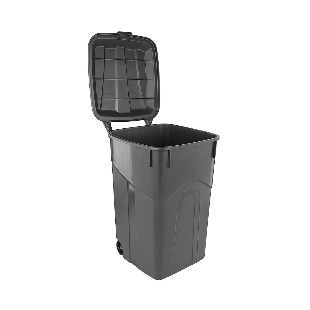 GardenNest 45 Gallon Heavy Duty Plastic Garbage Can with Attached Click-Lock Lid, 2 Built-in Wheels & Easy-Grip Handle – Durable Trash Bin for Indoor or Outdoor Use