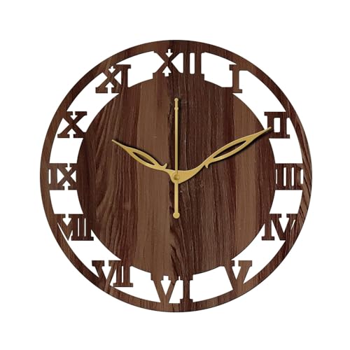 Image of SKYVILLA 12 Inch Wooden MDF Circle Analog Wall Clock with Romans | Silent Quartz Movement | Lightweight Without Glass Design for Home Living Room (Brown)