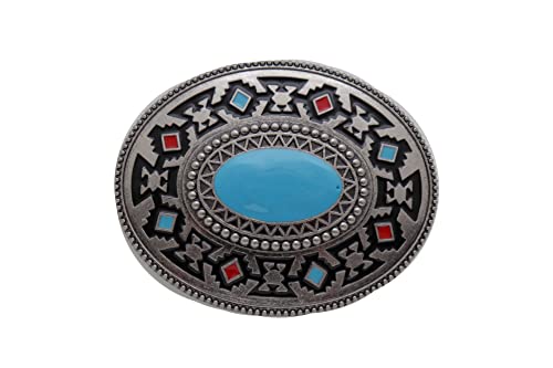 Men Western Fashion Belt Buckle Silver Metal Ethnic Cowboy Turquoise Blue Native Style, One Size