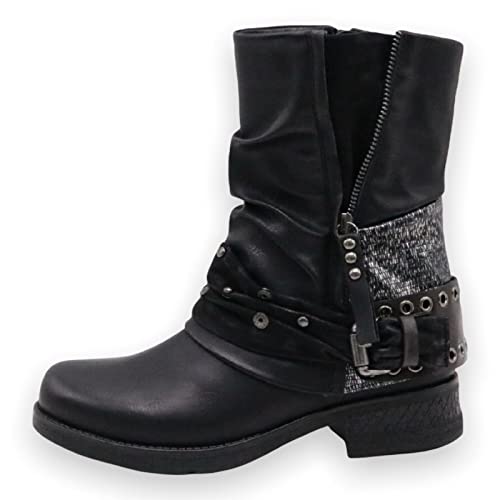 Damen Stiefeletten Biker Boots - Stiefel mit Nieten Schuhe Blockabsatz - Bequeme Herbst Winter Frauen Schuhe Schnallen – ST04 (Schwarz 41)